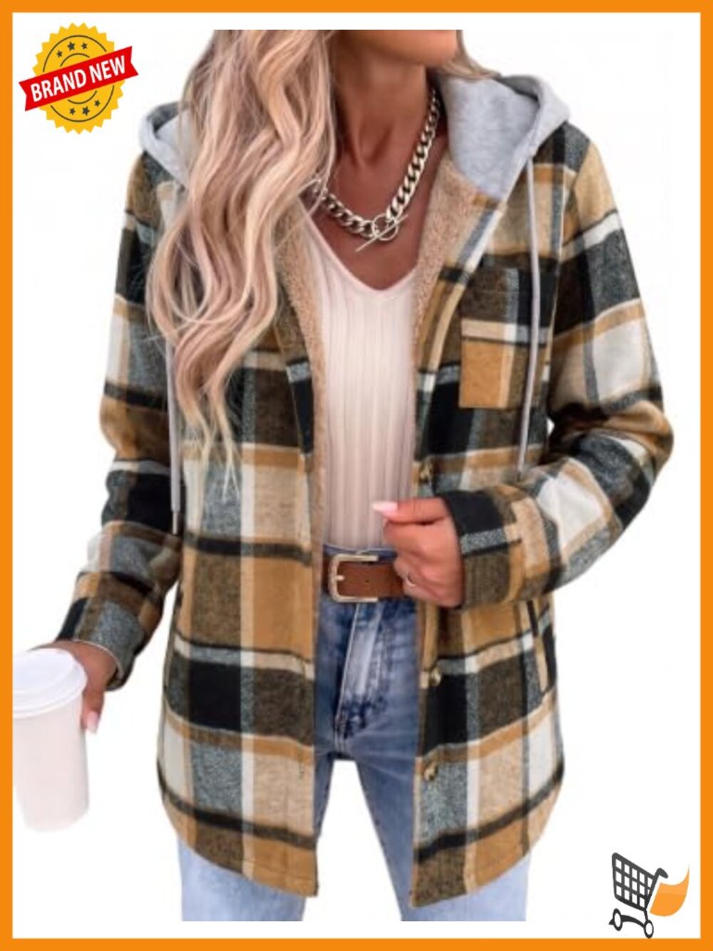 Women Fleece Hooded Plaid Shacket Winter Coat Jacket